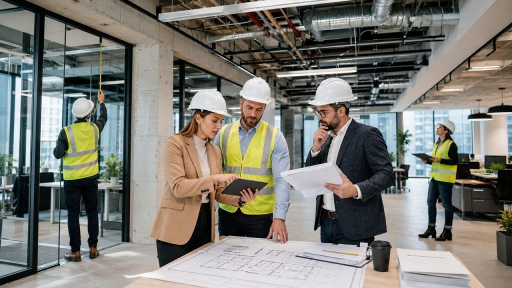 Design and build engineering team conducting site assessment for a successful workplace fit-out project